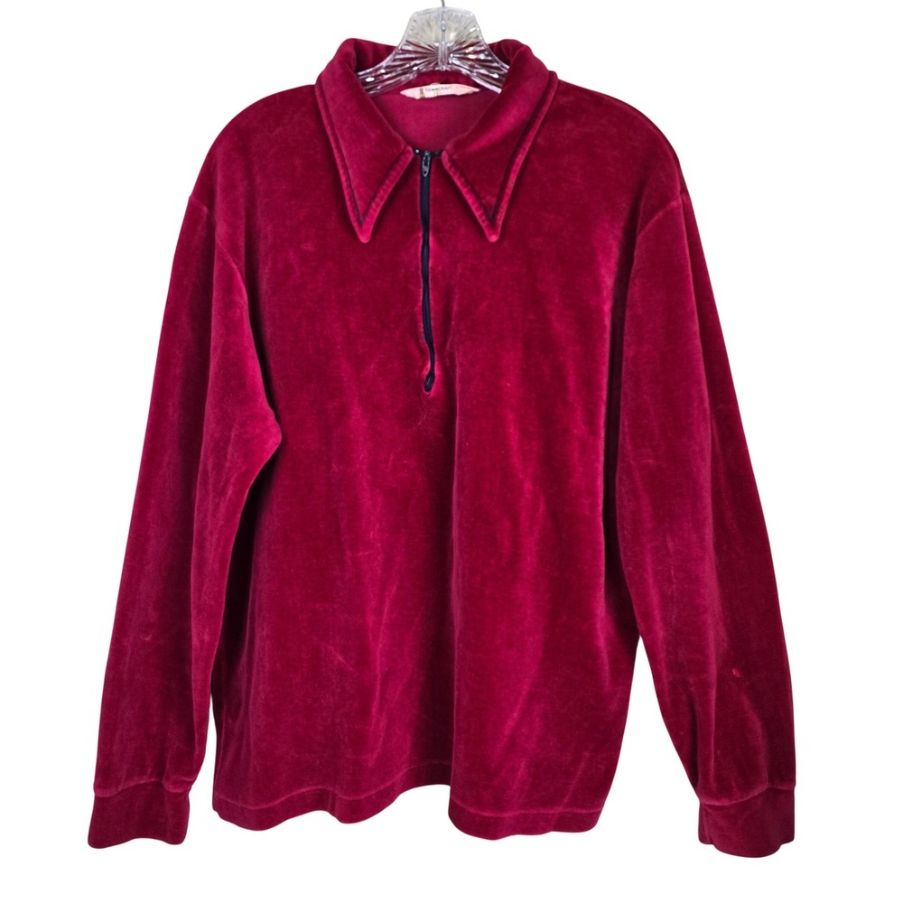 Vintage 70s Towncraft Penneys Velour Quarter Zip Pullover Shirt Red Large 44-46